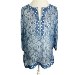 Gretchen Scott Blue Print Silk Tunic Top Semi Sheer Resort Beachy Size L